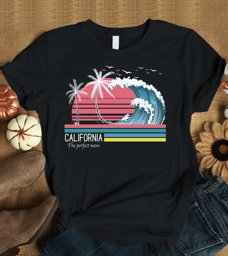 California The Perfect Wave Palm Trees Sunset Ocean Surf Scene T-Shirt