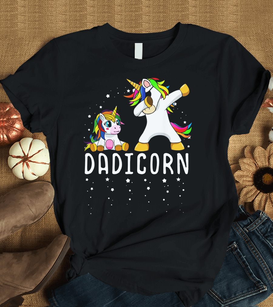 Dadicorn Unicorn Dad And Baby Dabbing Rainbow Mane Stars T-Shirt