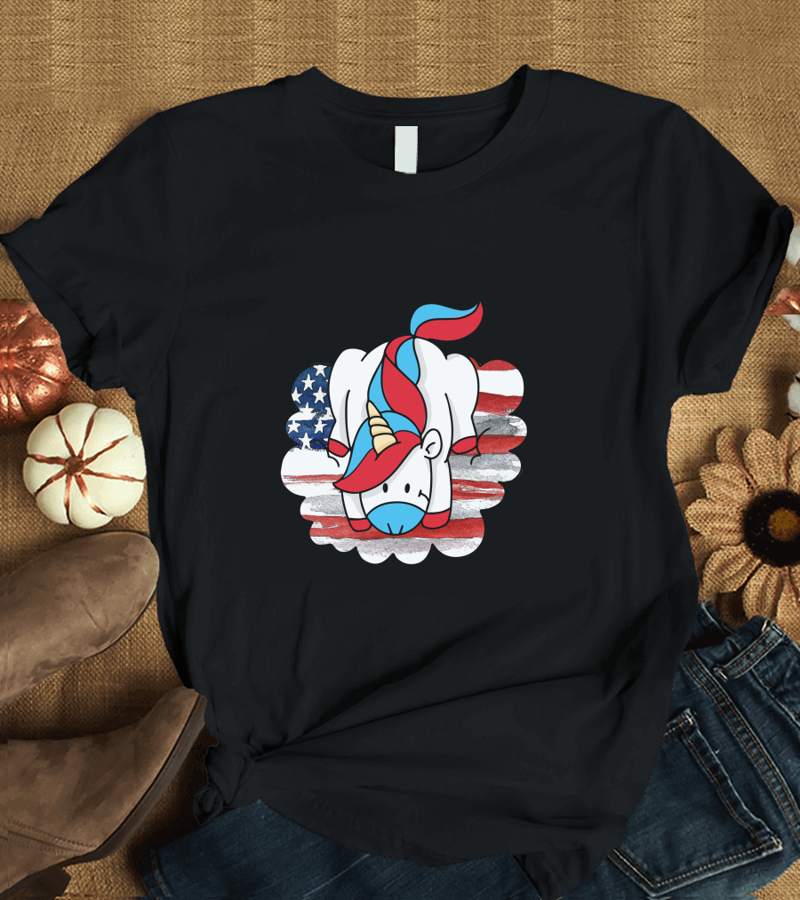 Freedom Is Magical Unicorn with American Flag Background T-Shirt
