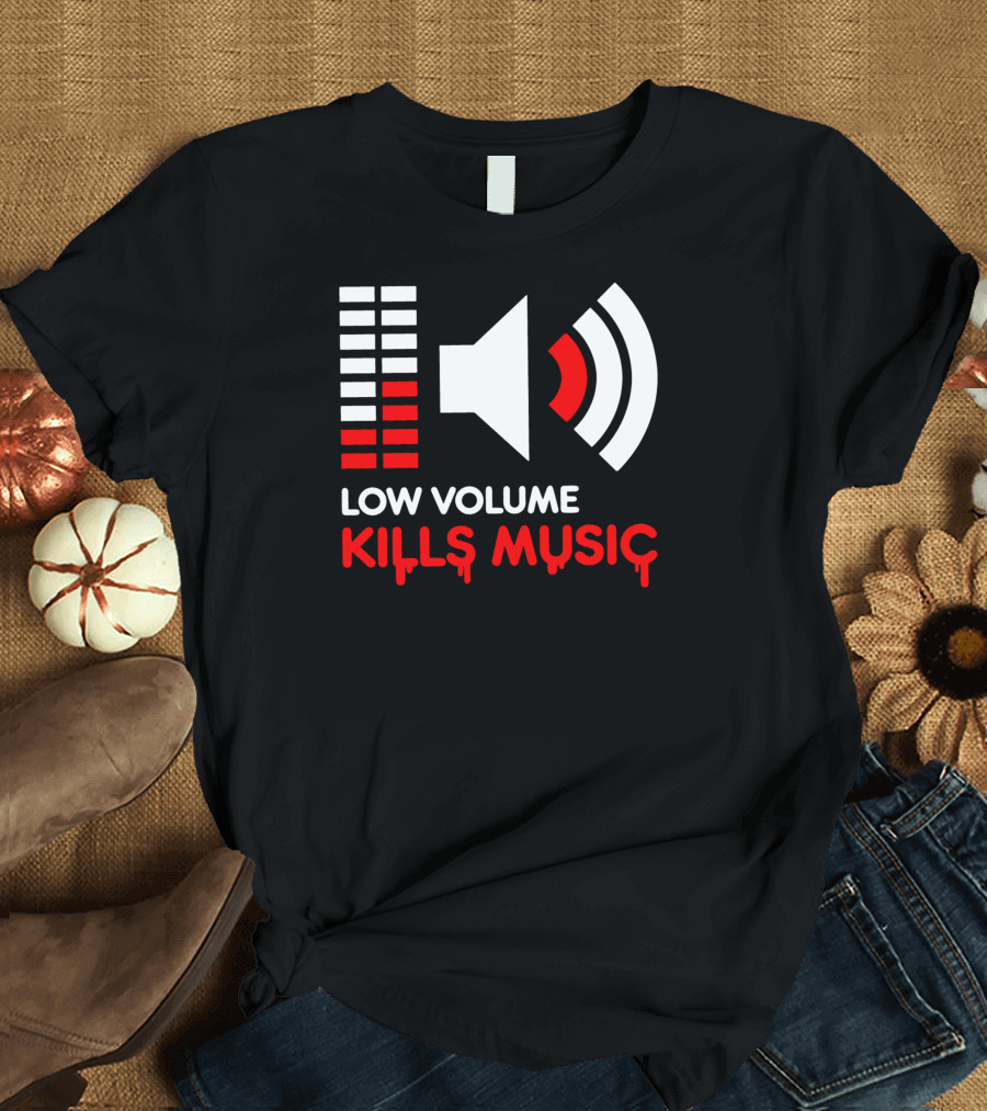 Low Volume Kills Music Speaker Icon with Red Sound Waves and Equalizer Bars T-Shirt
