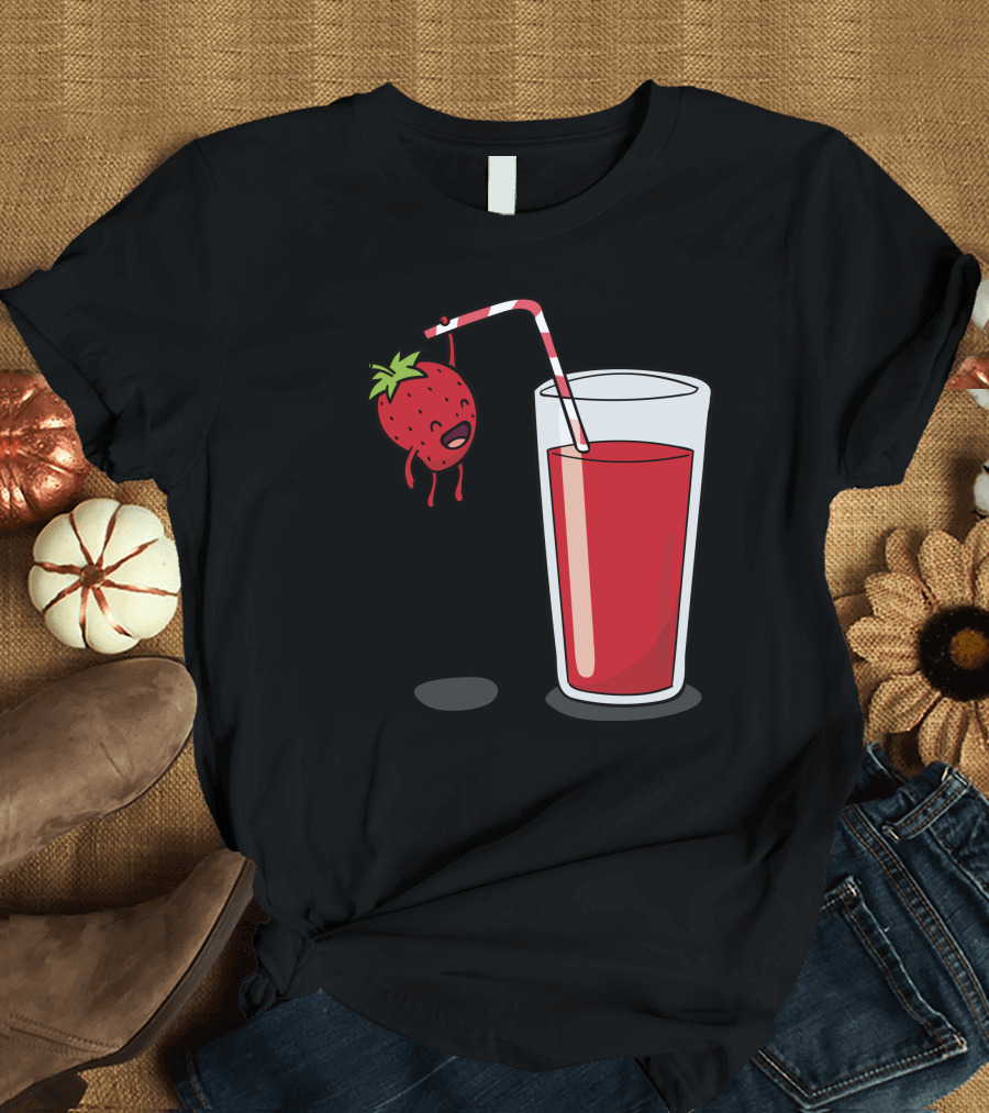 Strawberry Hanging on Red Juice Drink with Straw T-Shirt