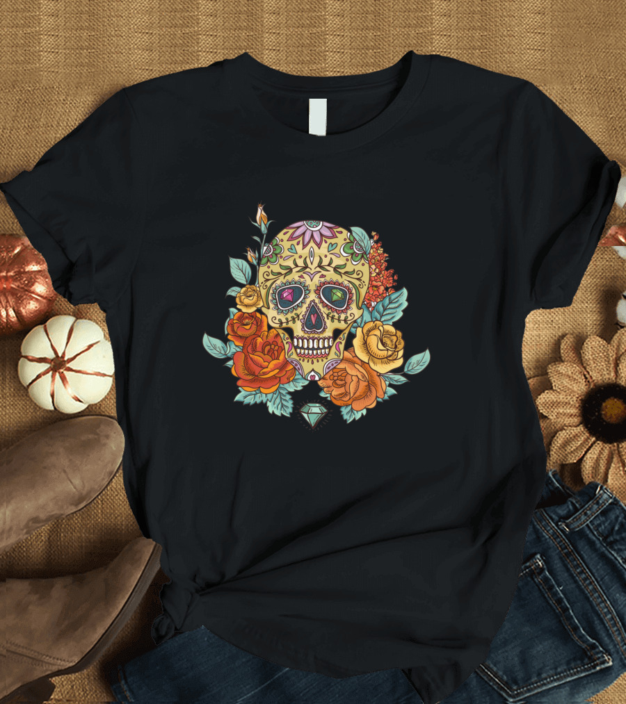 Sugar Skull With Flowers Roses and Diamond T-Shirt