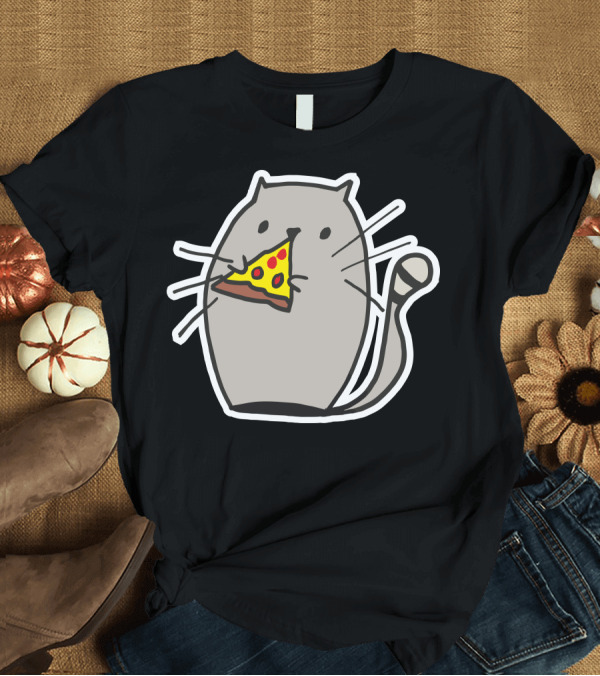 T-Shirt: Cat Eating Pizza Slice Icon with Whiskers and Tail T-Shirt Cat Eating Pizza Slice Icon with Whiskers and Tail T-Shirt