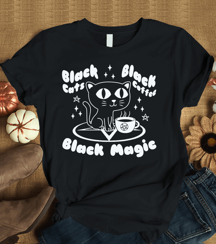 Black Cats Black Coffee Black Magic Funny Goth Cat Pentagram Stars T-Shirt