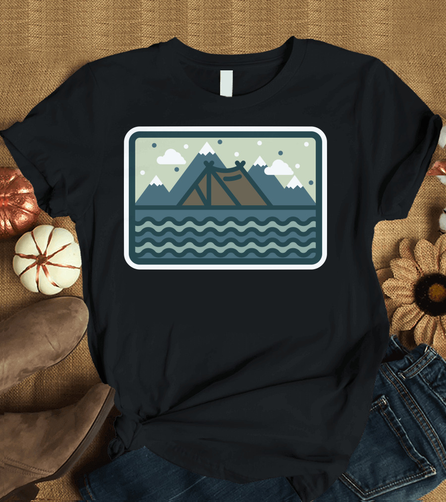 Camp Mountain Beach View Tent by the Water and Mountains with Clouds in the Sky T-Shirt