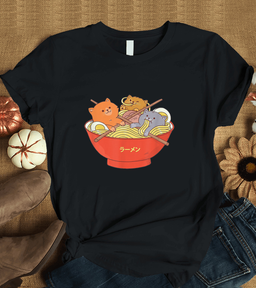 Cat Anime Japanese Ramen Bowl Kittens Eating Ramenst T-Shirt
