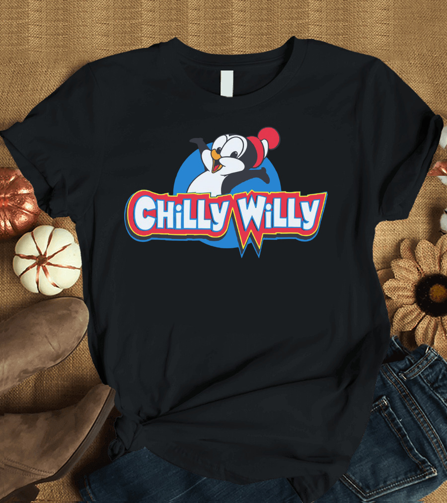 Chilly Willy Penguin Cartoon Character in Red Beanie and Blue Circle T-Shirt