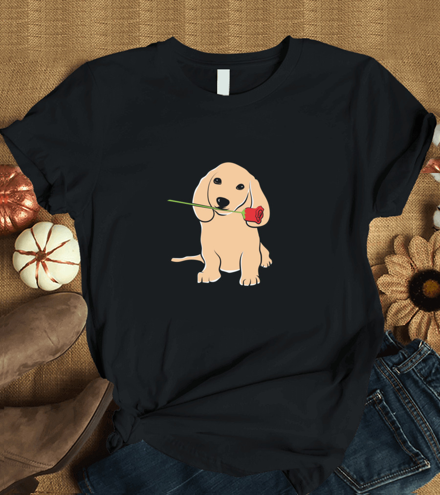 Cute Puppy Holding Red Rose in Mouth T-Shirt