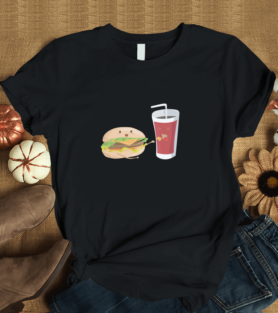 Fastfood Burger And Soda Happy Cartoon Characters T-Shirt