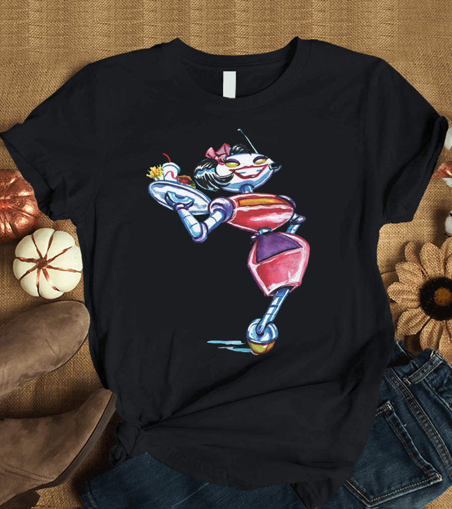 Retro Futuristic Robot Waitress Cartoon with Tray T-Shirt
