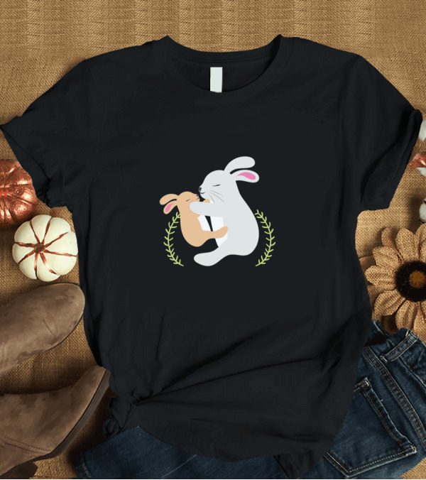 T-Shirt: Happy Easter Mother And Child Rabbits Embracing Laurel Greenery T-Shirt Happy Easter Mother And Child Rabbits Embracing Laurel Greenery T-Shirt