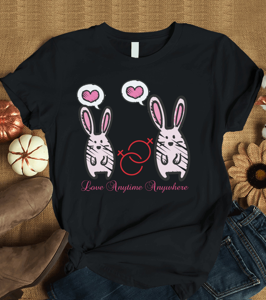 Love Anytime Anywhere Rabbit Duo with Hearts T-Shirt