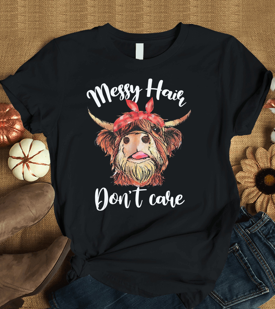Messy Hair Don't Care Highland Cow Bandana T-Shirt