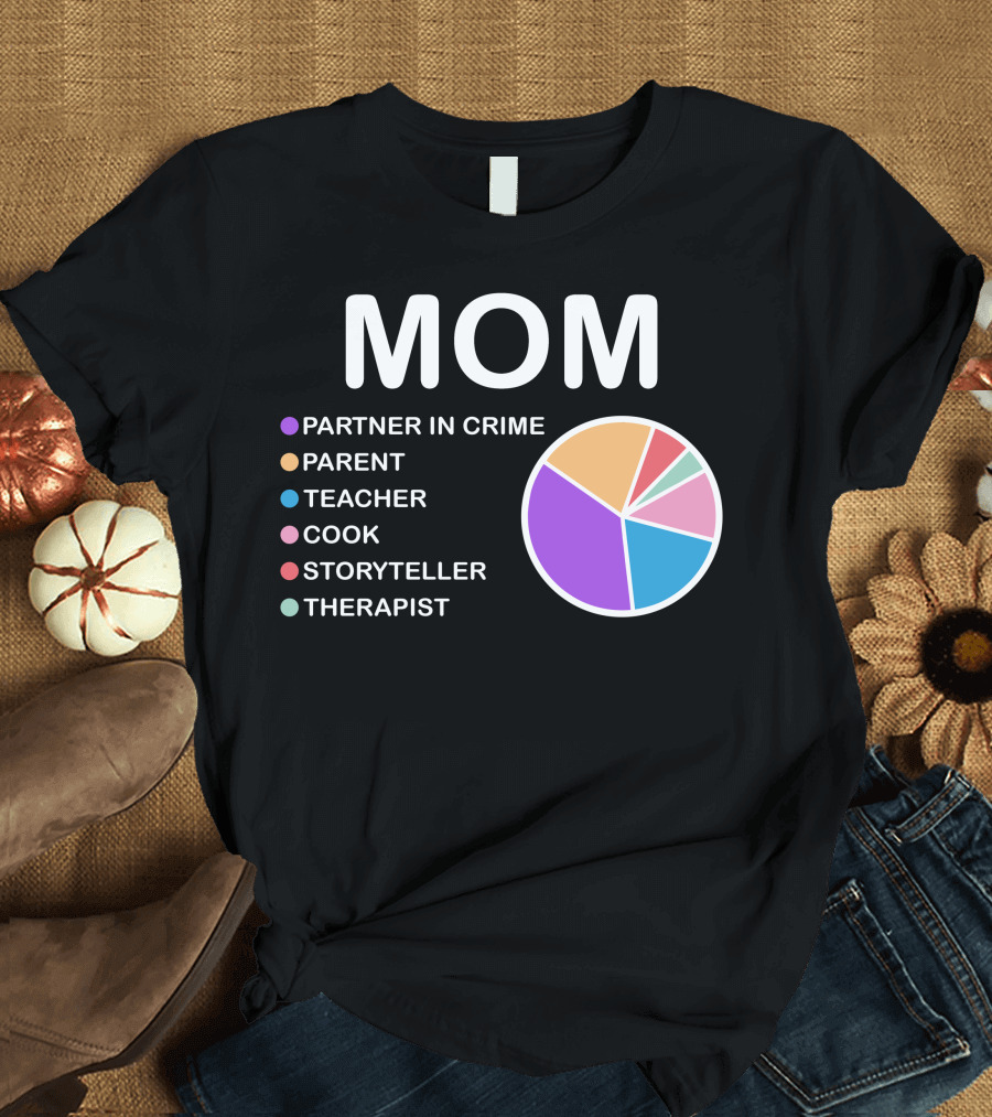 MOM Partner In Crime Parent Teacher Cook Storyteller Therapist Pie Chart T-Shirt