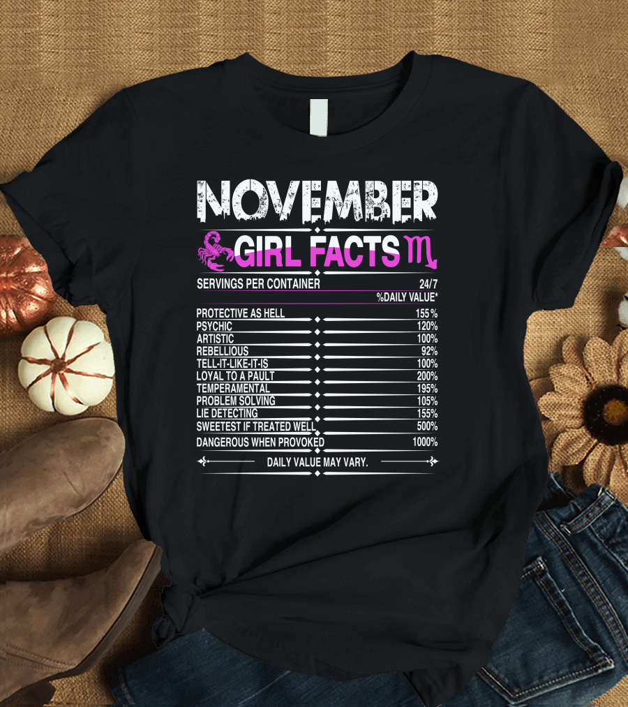 November Scorpio Girl Facts Protective Psychic Artistic Rebellious Loyal Temperamental Problem Solving Sweetest Dangerous T-Shirt