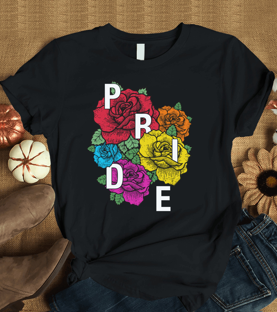 Pride Month Transgender Rainbow Roses Bold Lettering T-Shirt