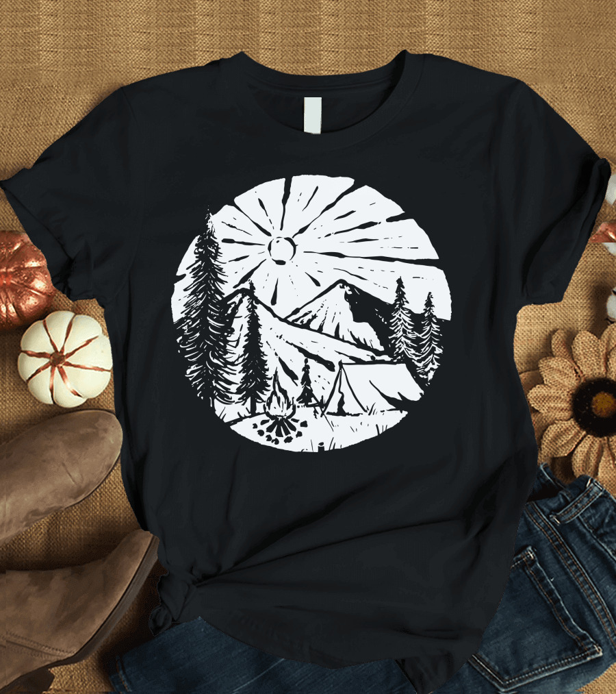Camping by the Mountains with Pine Trees and Bonfire under the Sun T-Shirt
