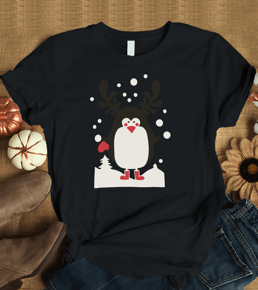 Santa Reindeer Penguin Snowy Scene T-Shirt