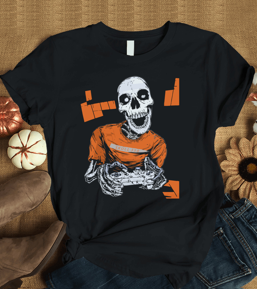 SKULL 350 Gamer Skeleton with Controller and Orange Blocks T-Shirt