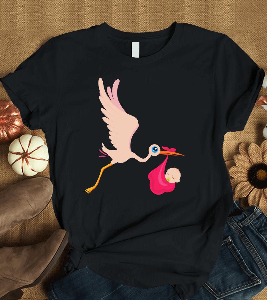 Stork Carrying Baby in Pink Blanket T-Shirt
