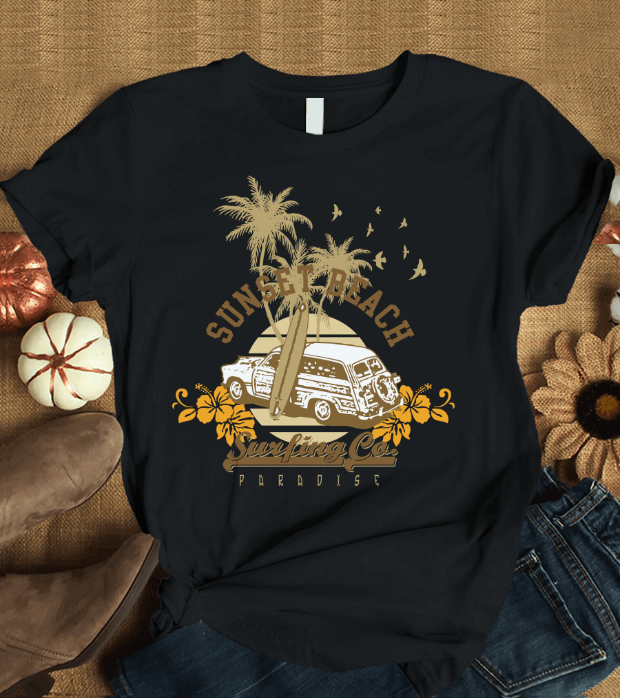 Sunset Beach Surfing Co Paradise Vintage Surf Van and Hibiscus Palm Island Scene T-Shirt