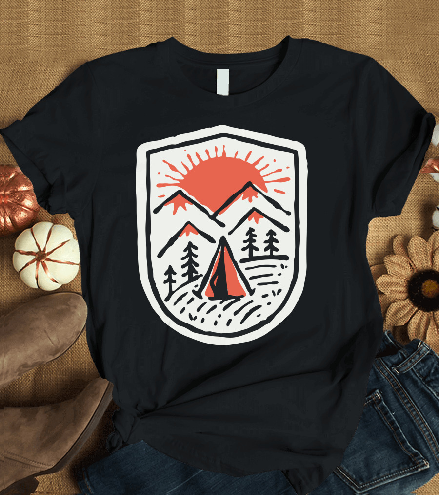 Sunset Camp Hand Drawn Mountain Tent Badge T-Shirt