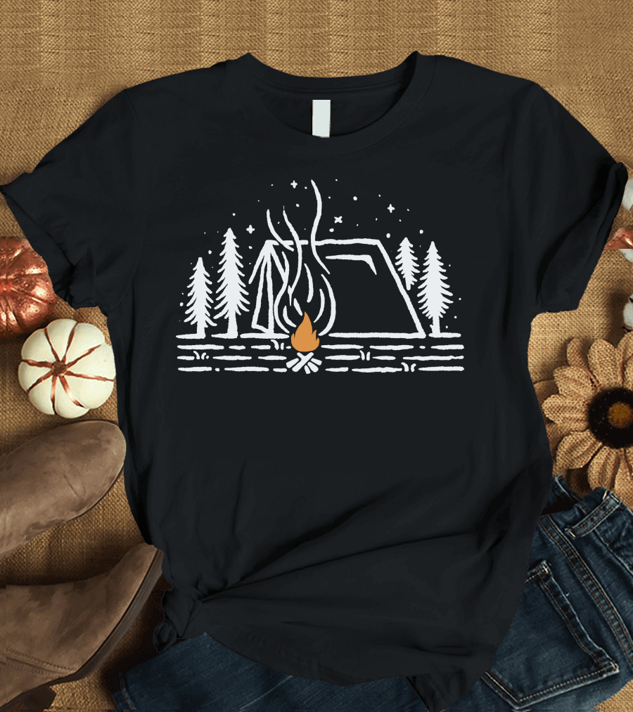 Tent Campfire Under Starry Night with Trees T-Shirt