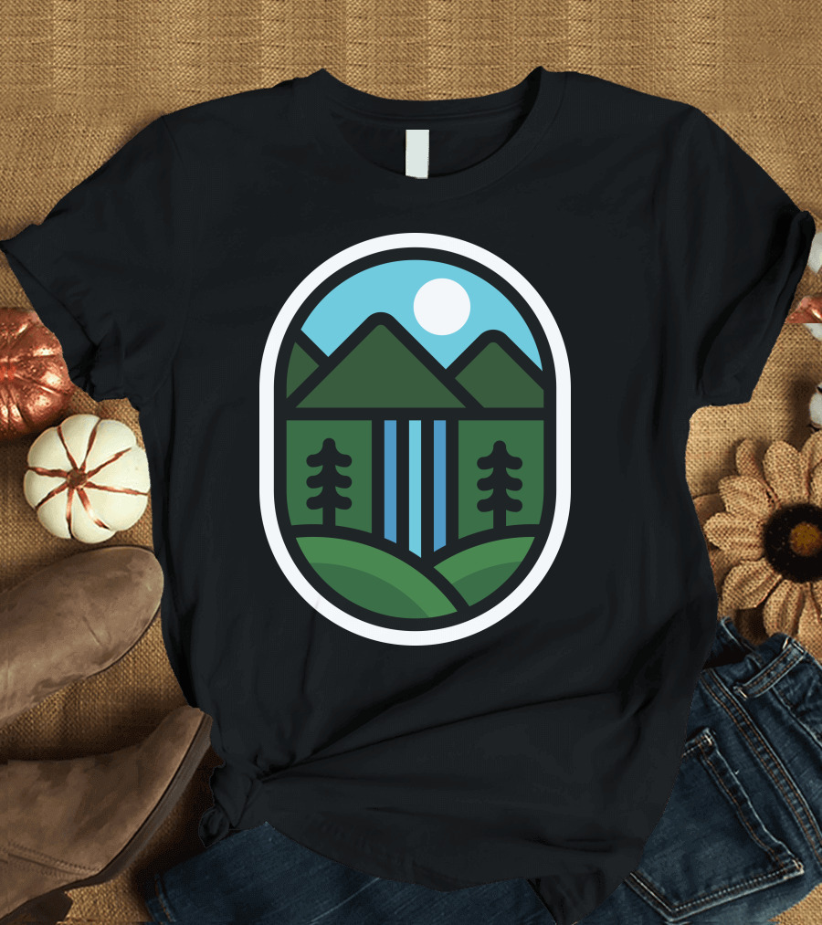 Mountains Waterfall Landscape with Pine Trees and Sun in Oval Shape T-Shirt