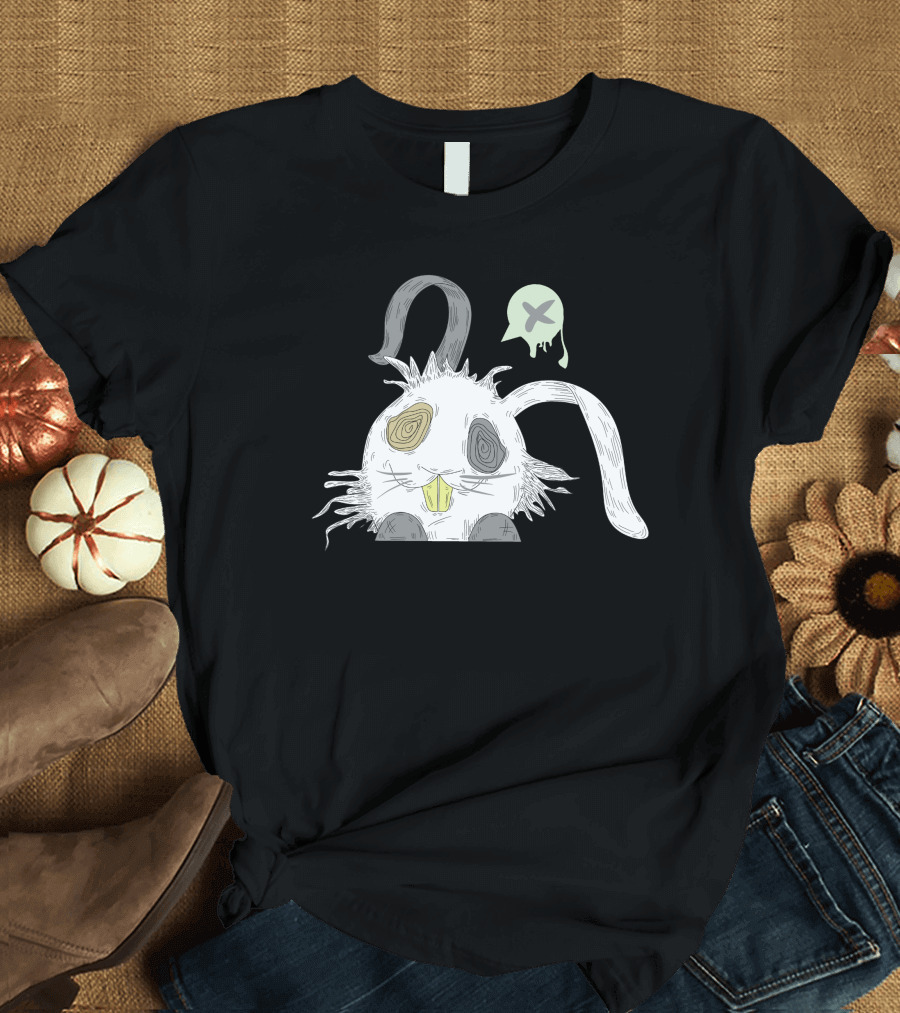 White Tired Rabbit with Droopy Ears and X Speech Bubble T-Shirt