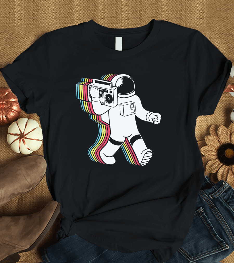 Apollo Funkalicious Astronaut Holding Boombox with Retro Stripes T-Shirt
