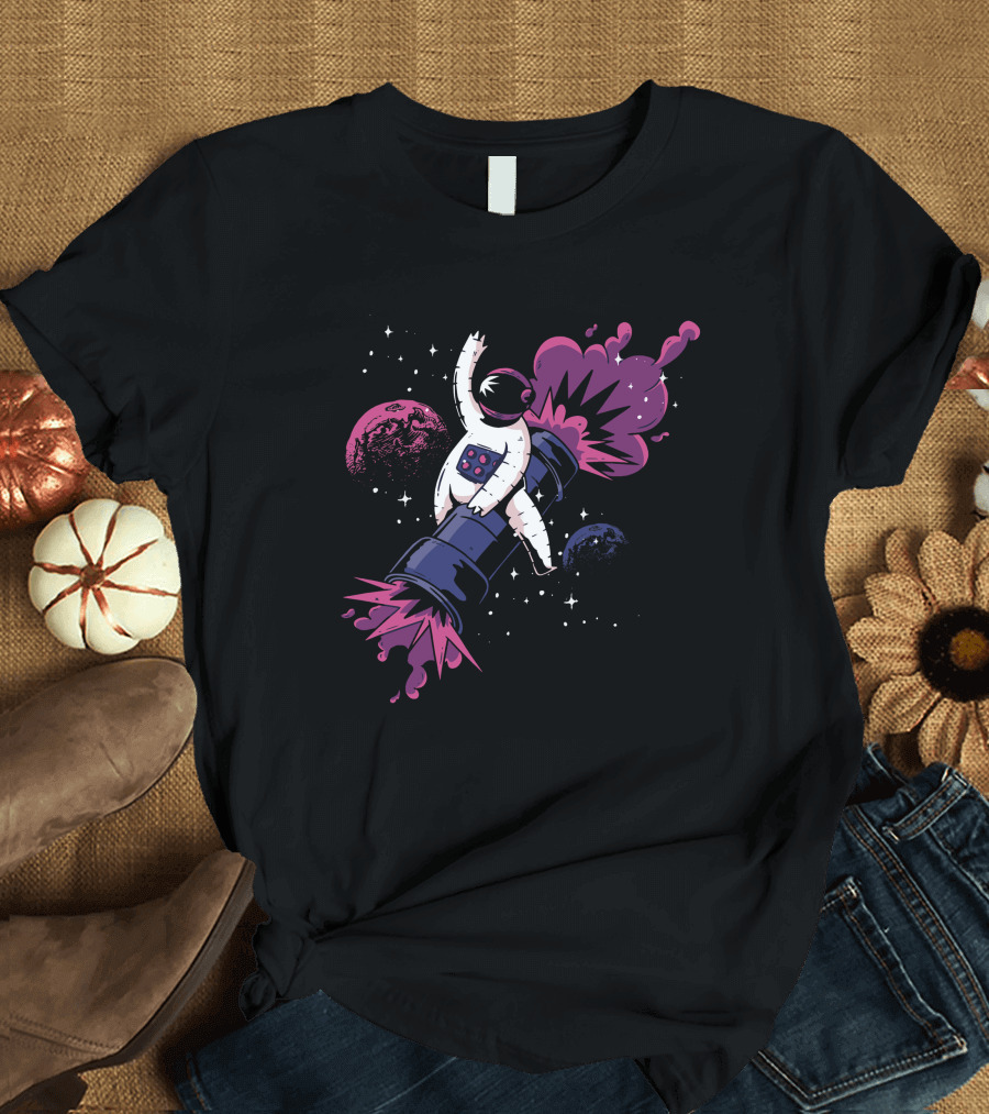 Astronaut Rocket Ride Through Cosmic Pink and Blue Planets T-Shirt