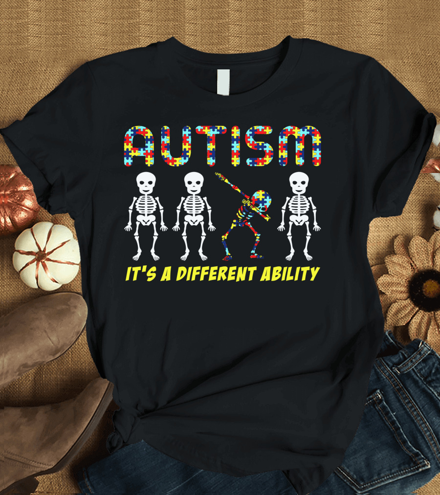 AUTISM It's a Different Ability Puzzle Skeleton Dance T-Shirt