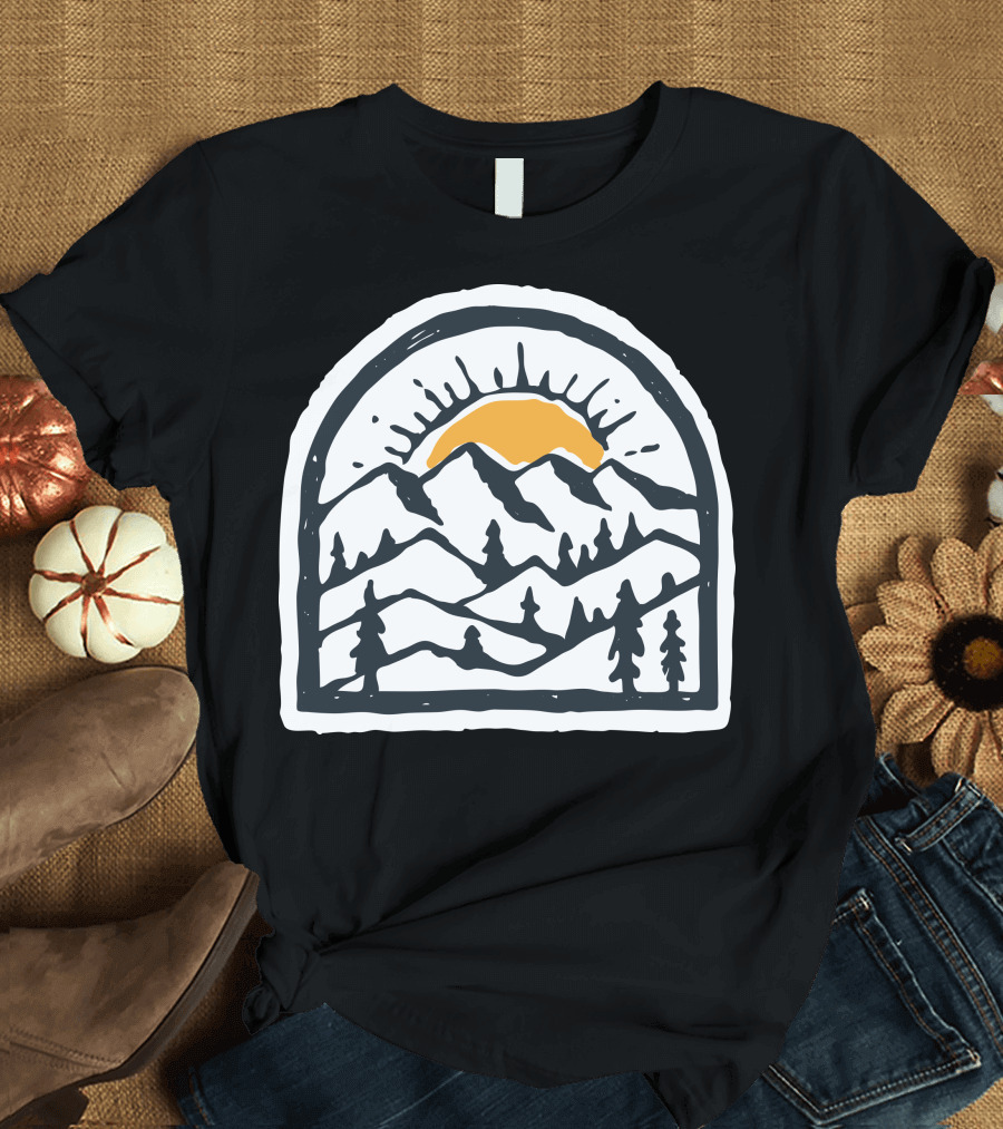 Beauty Mountain Sunburst Hand Drawn T-Shirt