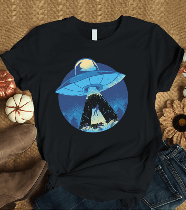 T-Shirt: Alien Abduction UFO Light Beam with Person in Blue Night Scene T-Shirt Alien Abduction UFO Light Beam with Person in Blue Night Scene T-Shirt