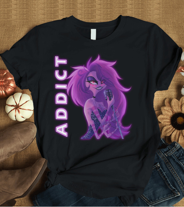 T-Shirt: Angel Dust Addict Hazbin Hotel Character Microphone Glamorous Purple T-Shirt Angel Dust Addict Hazbin Hotel Character Microphone Glamorous Purple T-Shirt