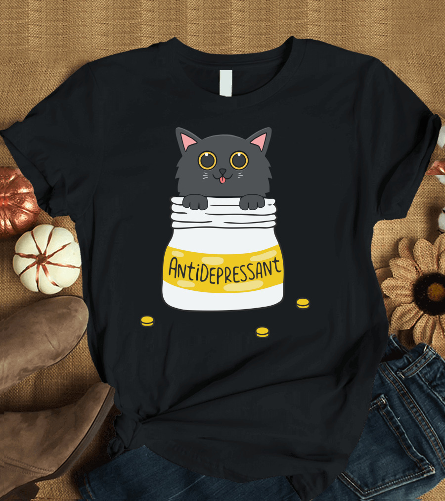 Antidepressant Cat in Pill Bottle with Big Eyes and Coins T-Shirt