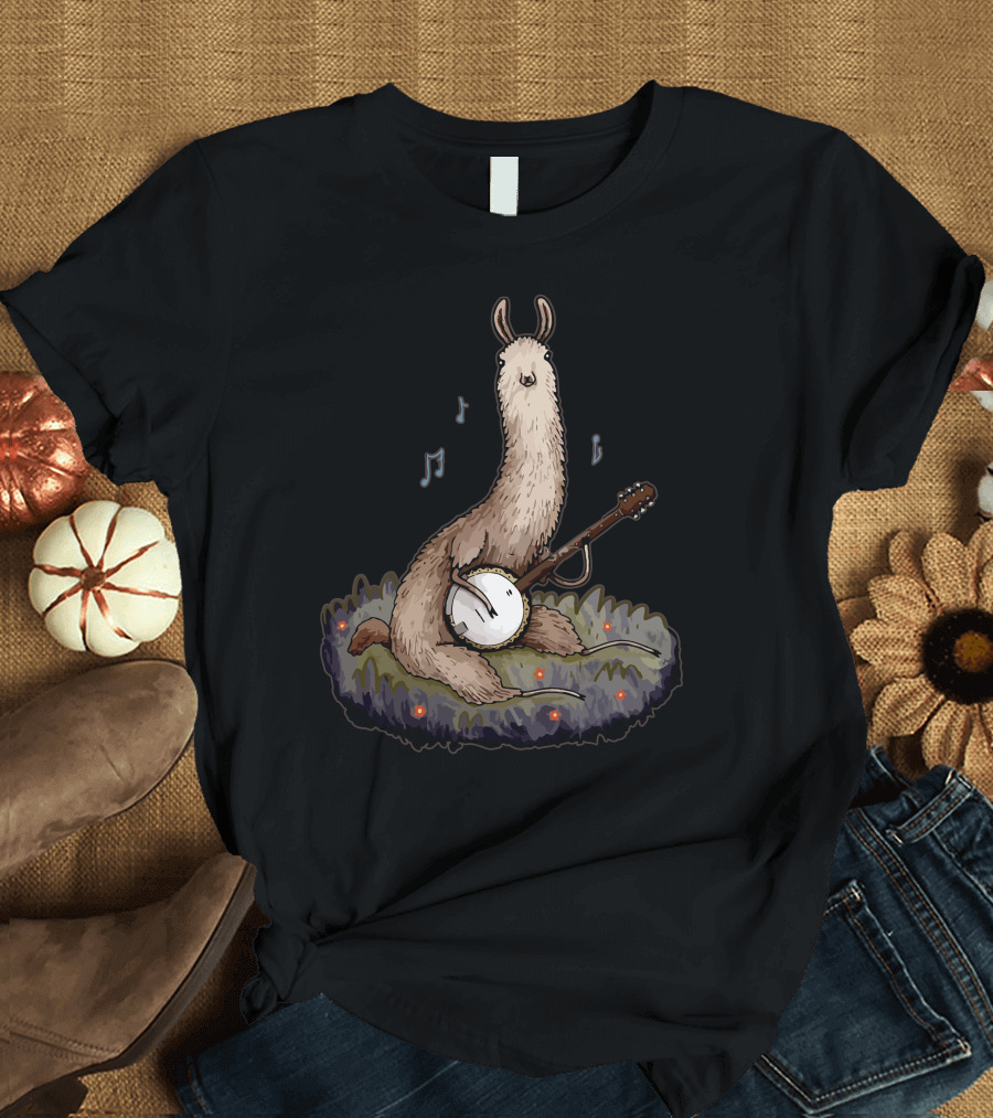 Banjo Llama Playing Music on a Grassy Patch with Notes T-Shirt
