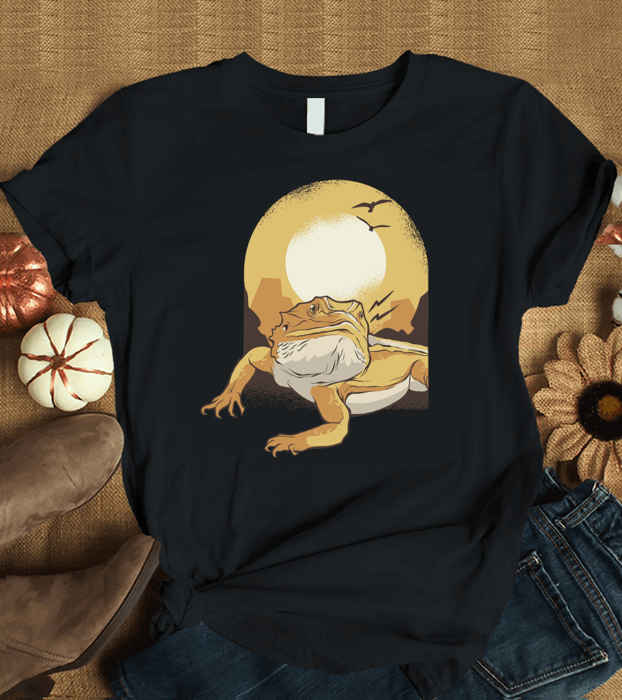 Bearded Dragon Sunset Silhouette with Birds and Mountains T-Shirt