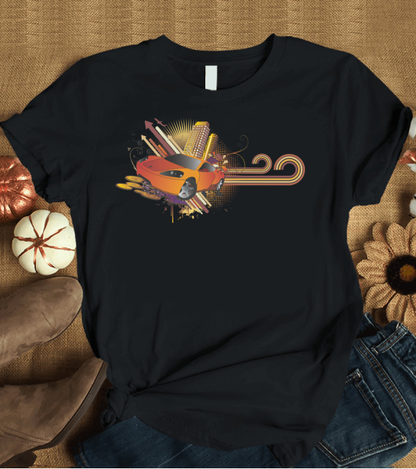 T-Shirt: Fast Urban Racer with Colorful Cityscape and Retro Arrows T-Shirt Fast Urban Racer with Colorful Cityscape and Retro Arrows T-Shirt