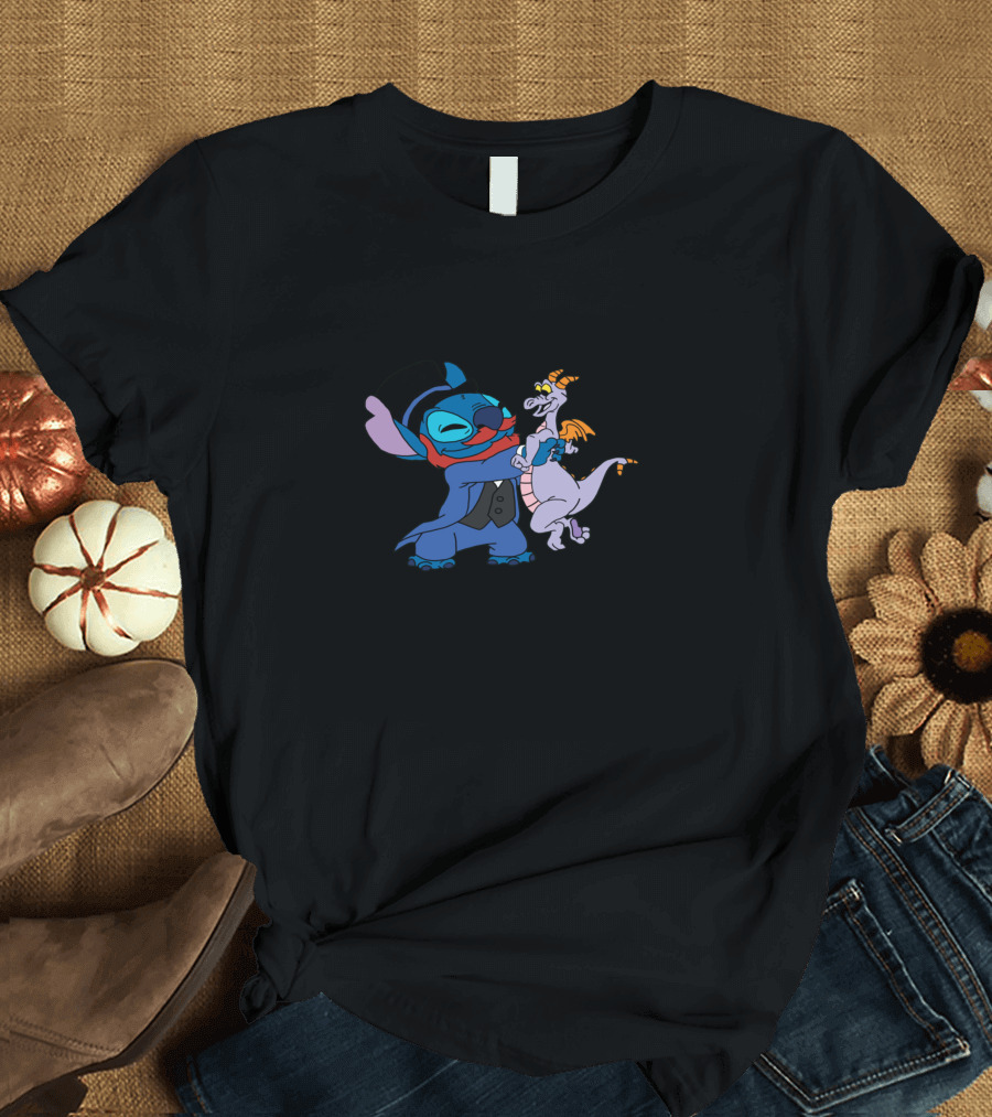 Dreamfinder Stitch and Figment in Top Hat and Vest Hugging Disney Crossover T-Shirt