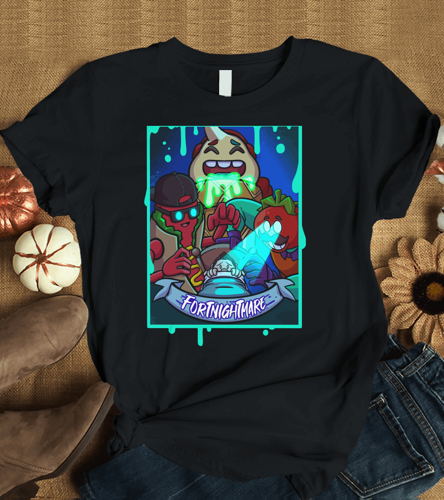 Fortnightmare Dripping Goo Characters with Flashlight and Scared Expressions T-Shirt