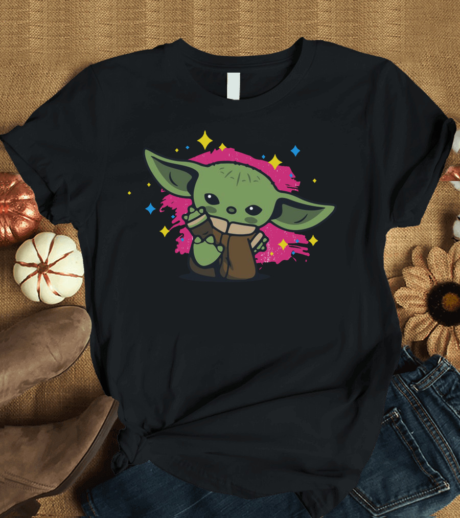 Funny Baby Yoda Cute Star Wars Character with Colorful Background T-Shirt
