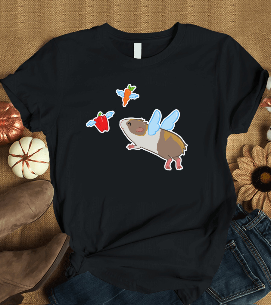 Guinea Pig with Wings Chasing Flying Carrot and Bell Pepper T-Shirt