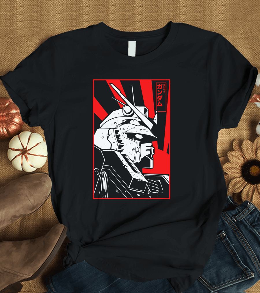 Mobile Suit Gundam RX-78-2 Japanese Text Front Profile Red and Black T-Shirt