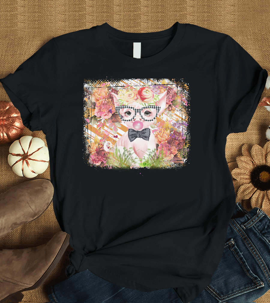 Floral Pig With Checkered Glasses and Bow Tie T-Shirt