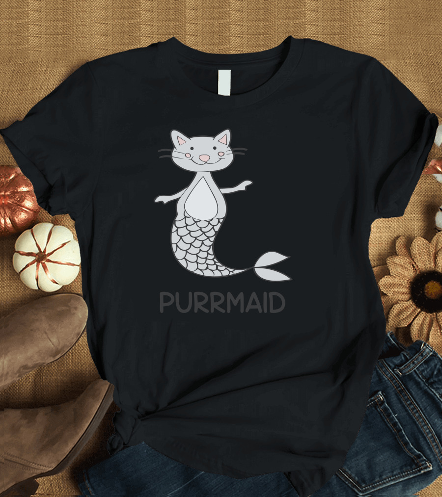 Purrmaid Funny Kitty Cat Mermaid with Whiskers and Fish Tail T-Shirt