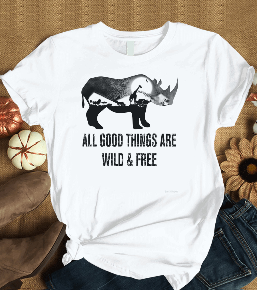 Rhoino All Good Things Are Wild and Free with Safari Animal Silhouette Scene T-Shirt