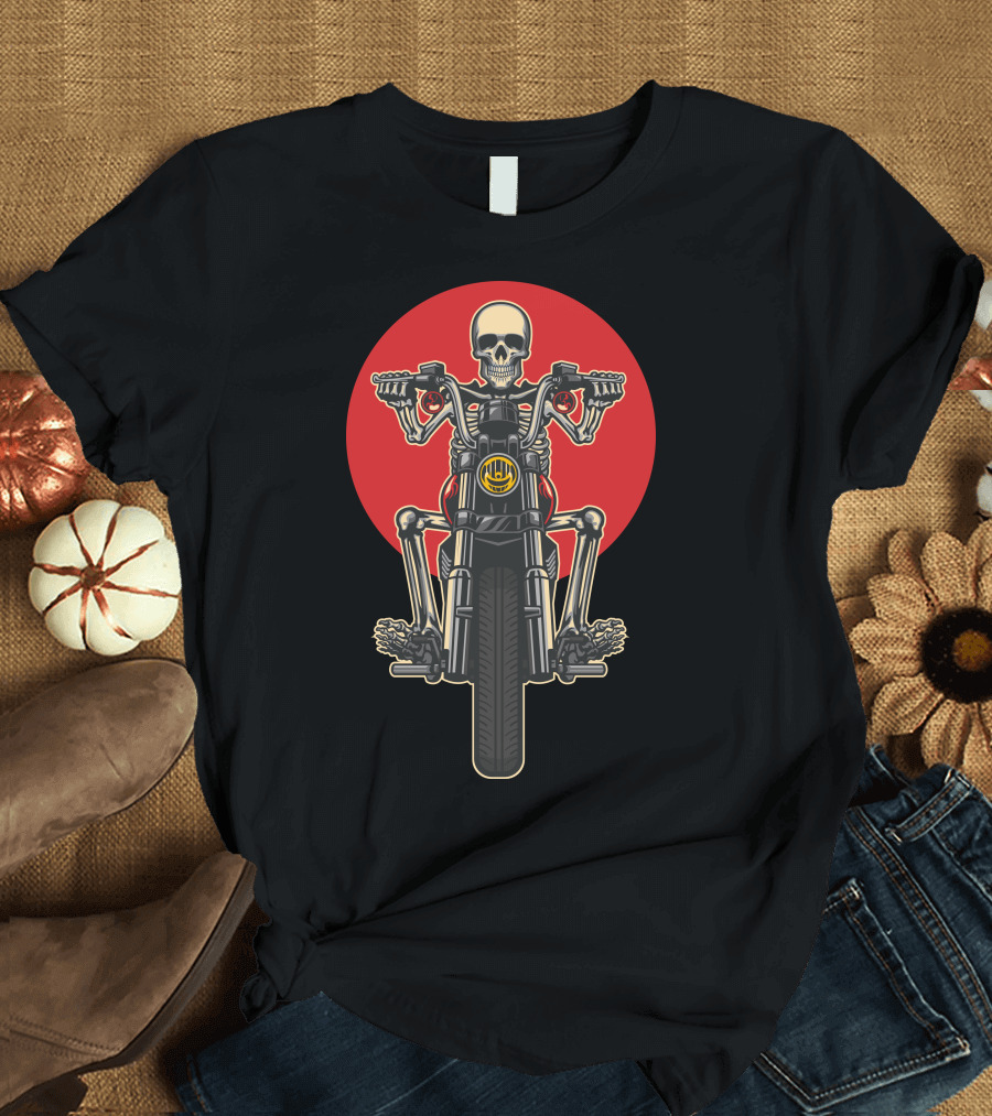 Skull Motorcycles Skeleton Rider on Chopper Motorcycle with Red Circle Background T-Shirt