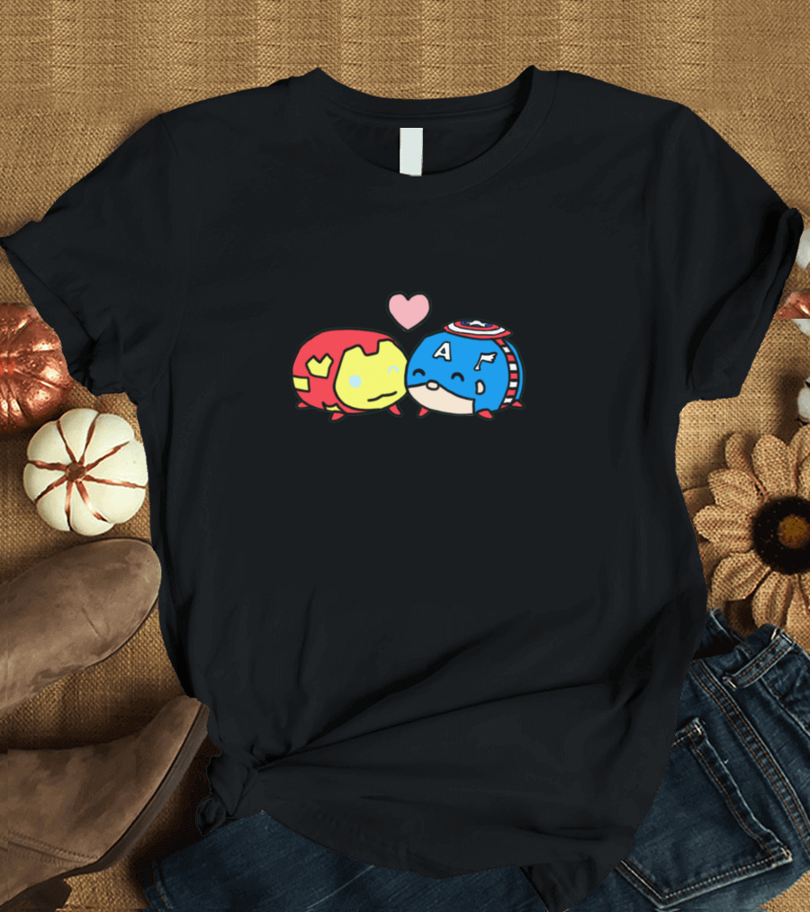 Stony Marvel Tsum Tsum Iron Man Captain America Cuddling with Heart T-Shirt