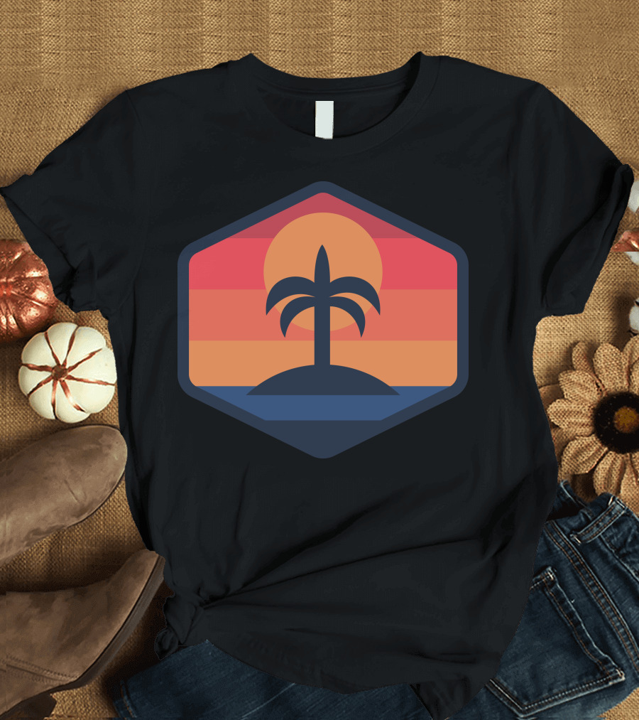 Sunset Beach Island Palm Silhouette Sunrise Badge T-Shirt